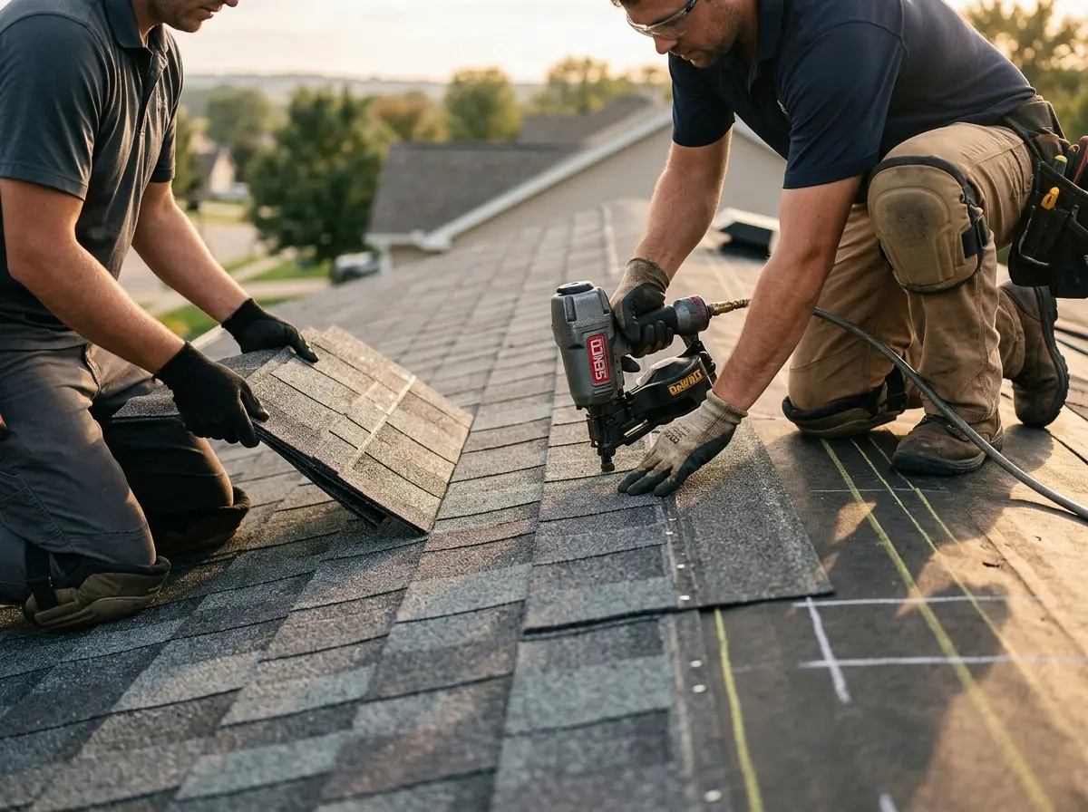 Professional roofer working on a residential roof in Belen